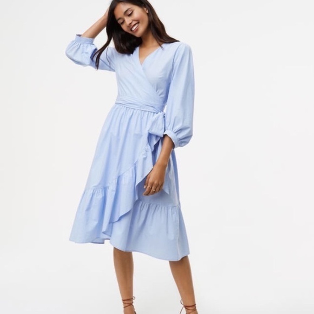 LOFT Ruffle Blue and White Striped Wrap Dress